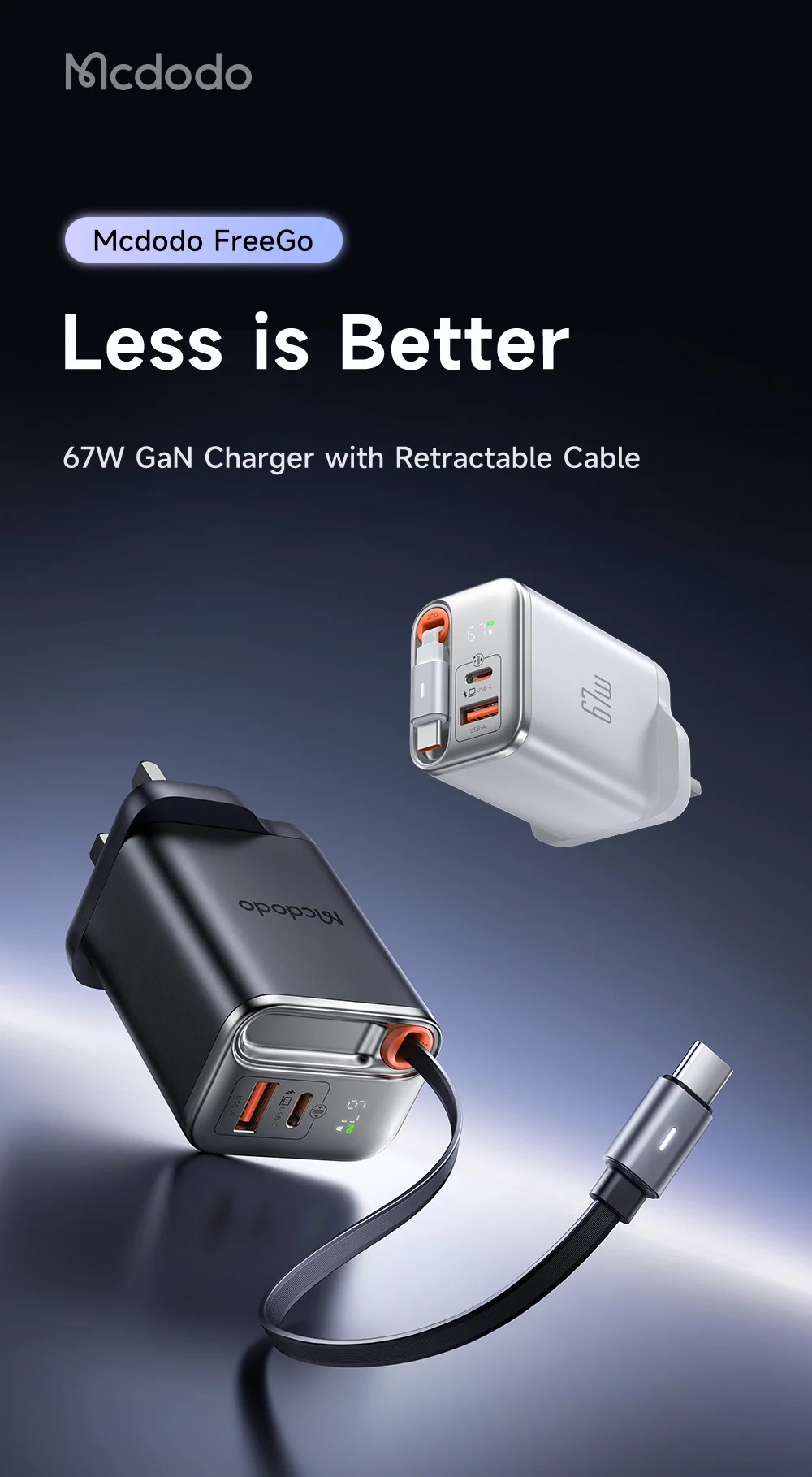 MCDODO CH-409 FreeGo 67W GaN Charger USB-C USB-A Power Adapter with Built-in Retractable Cable, UK Plug - White 1