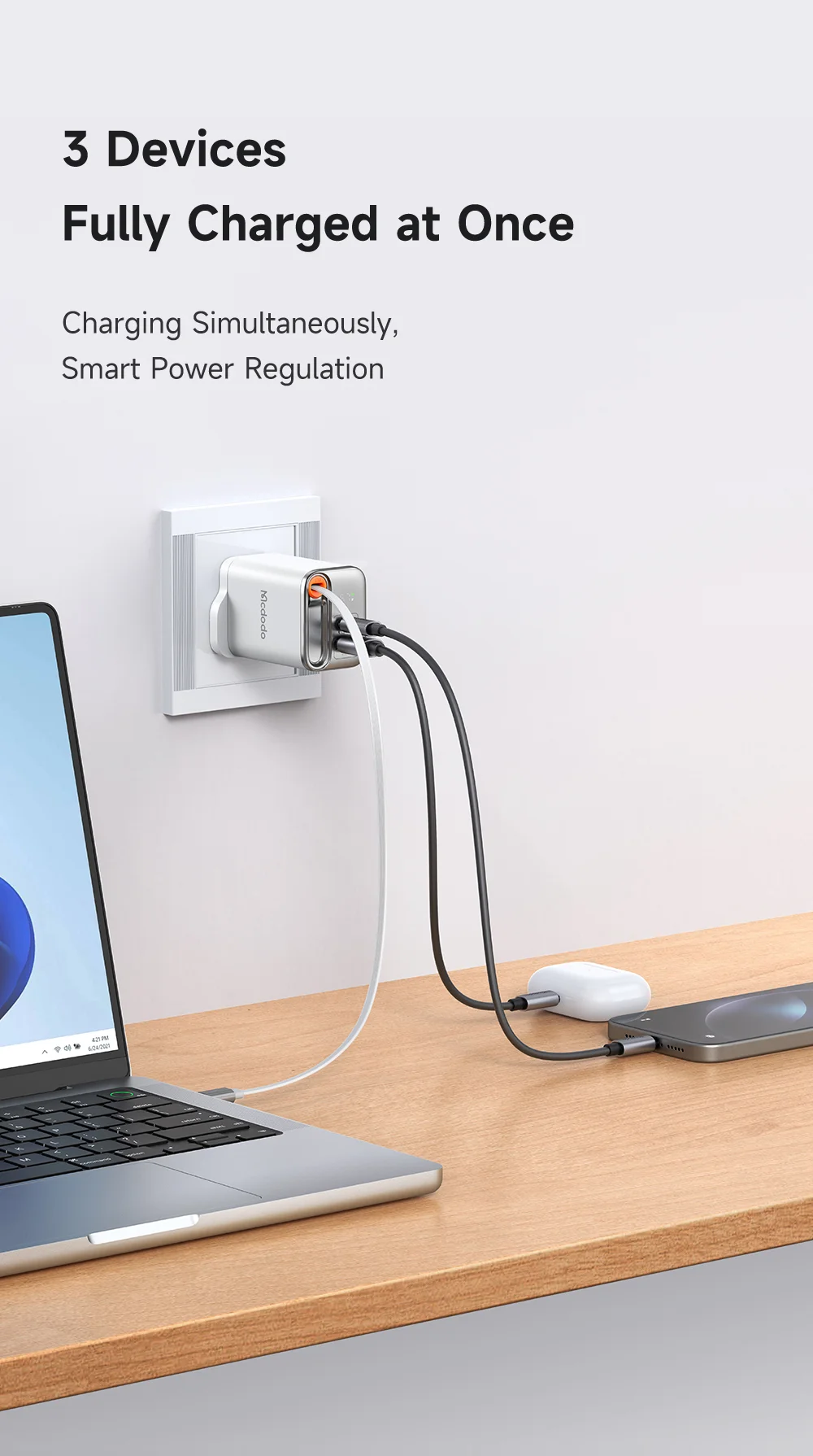 MCDODO CH-409 FreeGo 67W GaN Charger USB-C USB-A Power Adapter with Built-in Retractable Cable, UK Plug - White 10