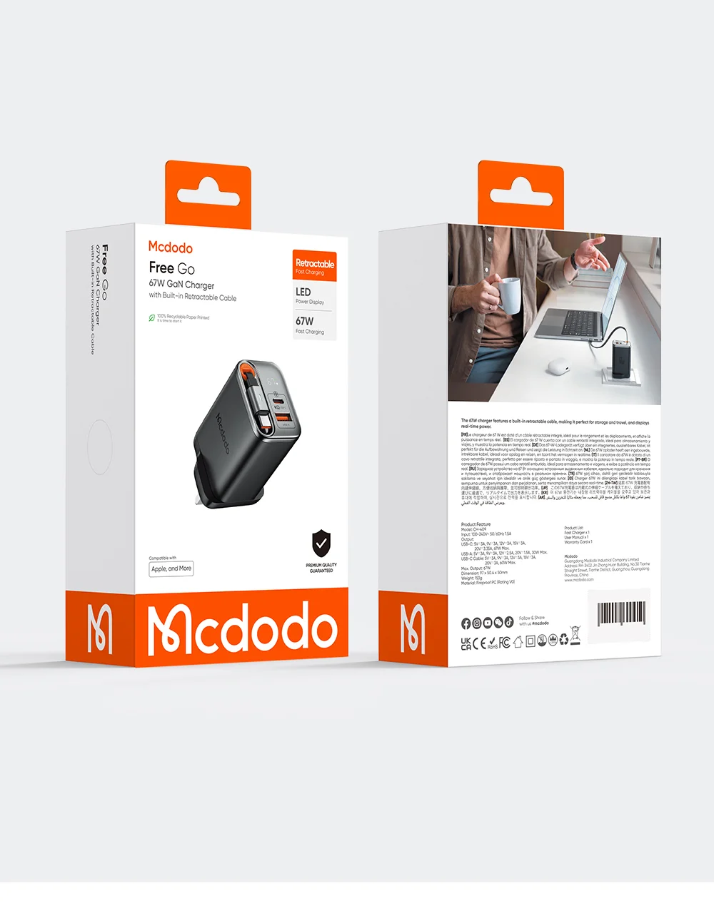 MCDODO CH-409 FreeGo 67W GaN Charger USB-C USB-A Power Adapter with Built-in Retractable Cable, UK Plug - White 17