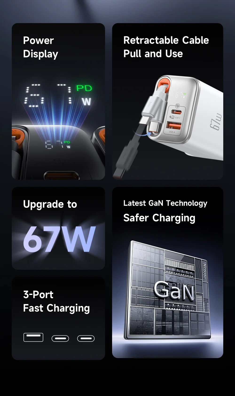 MCDODO CH-409 FreeGo 67W GaN Charger USB-C USB-A Power Adapter with Built-in Retractable Cable, UK Plug - White 2