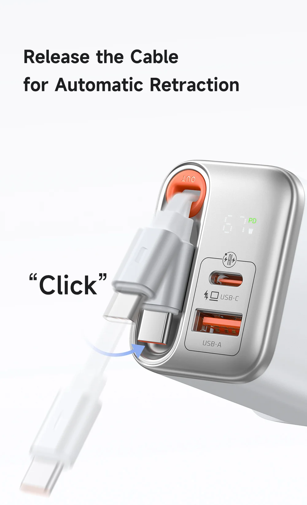 MCDODO CH-409 FreeGo 67W GaN Charger USB-C USB-A Power Adapter with Built-in Retractable Cable, UK Plug - White 6