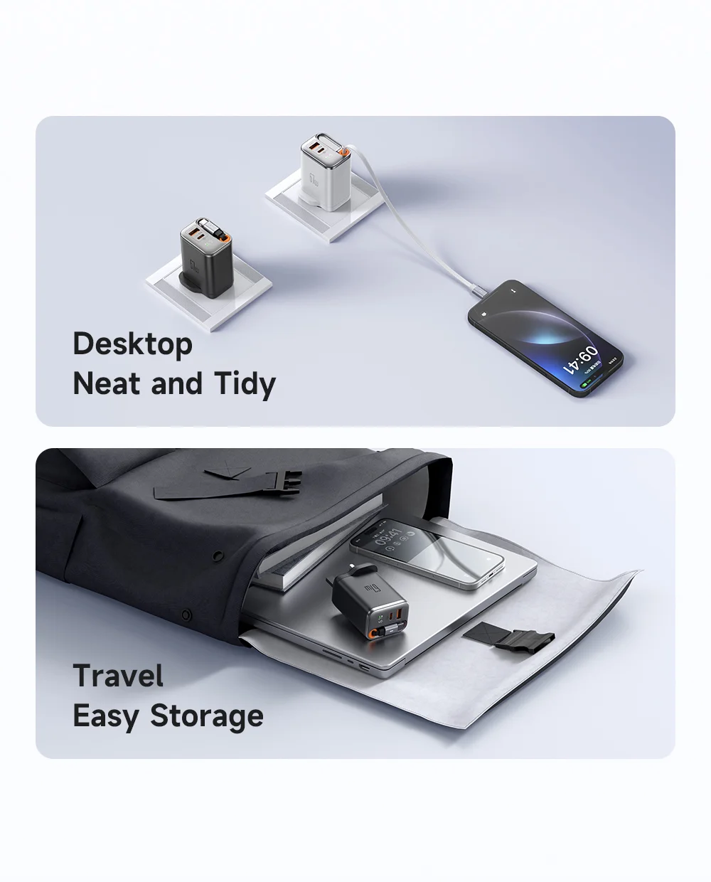 MCDODO CH-409 FreeGo 67W GaN Charger USB-C USB-A Power Adapter with Built-in Retractable Cable, UK Plug - White 7