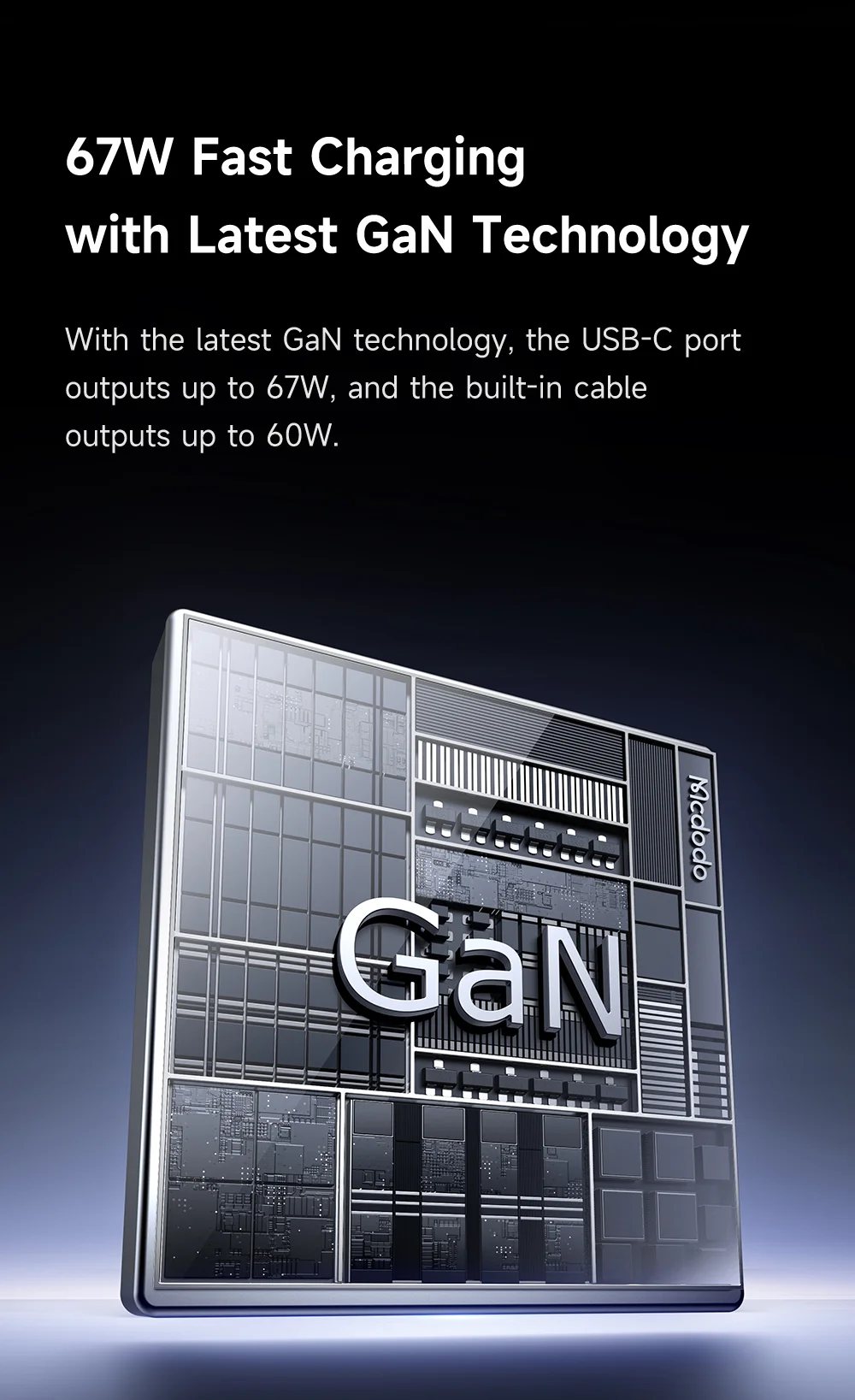 MCDODO CH-409 FreeGo 67W GaN Charger USB-C USB-A Power Adapter with Built-in Retractable Cable, UK Plug - White 8