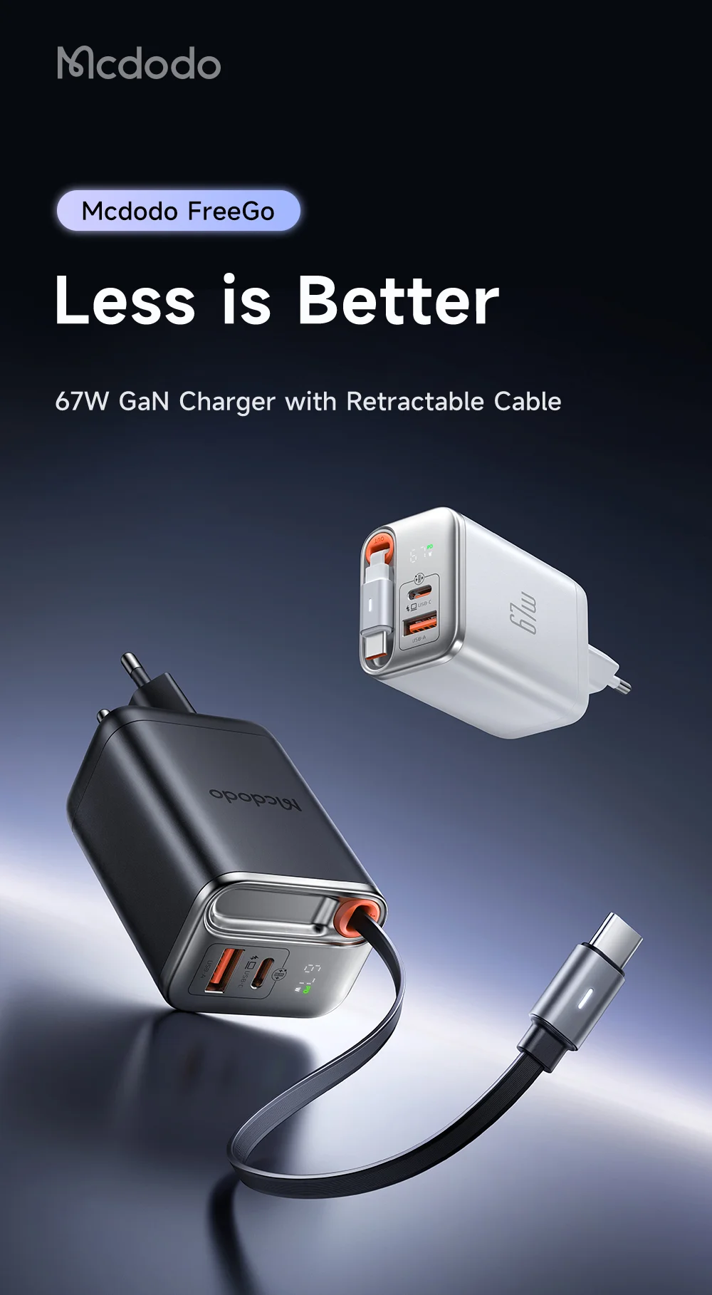 MCDODO CH-410 FreeGo 67W GaN Charger USB-C USB-A Power Adapter with Built-in Retractable Cable, EU Plug - Black 1