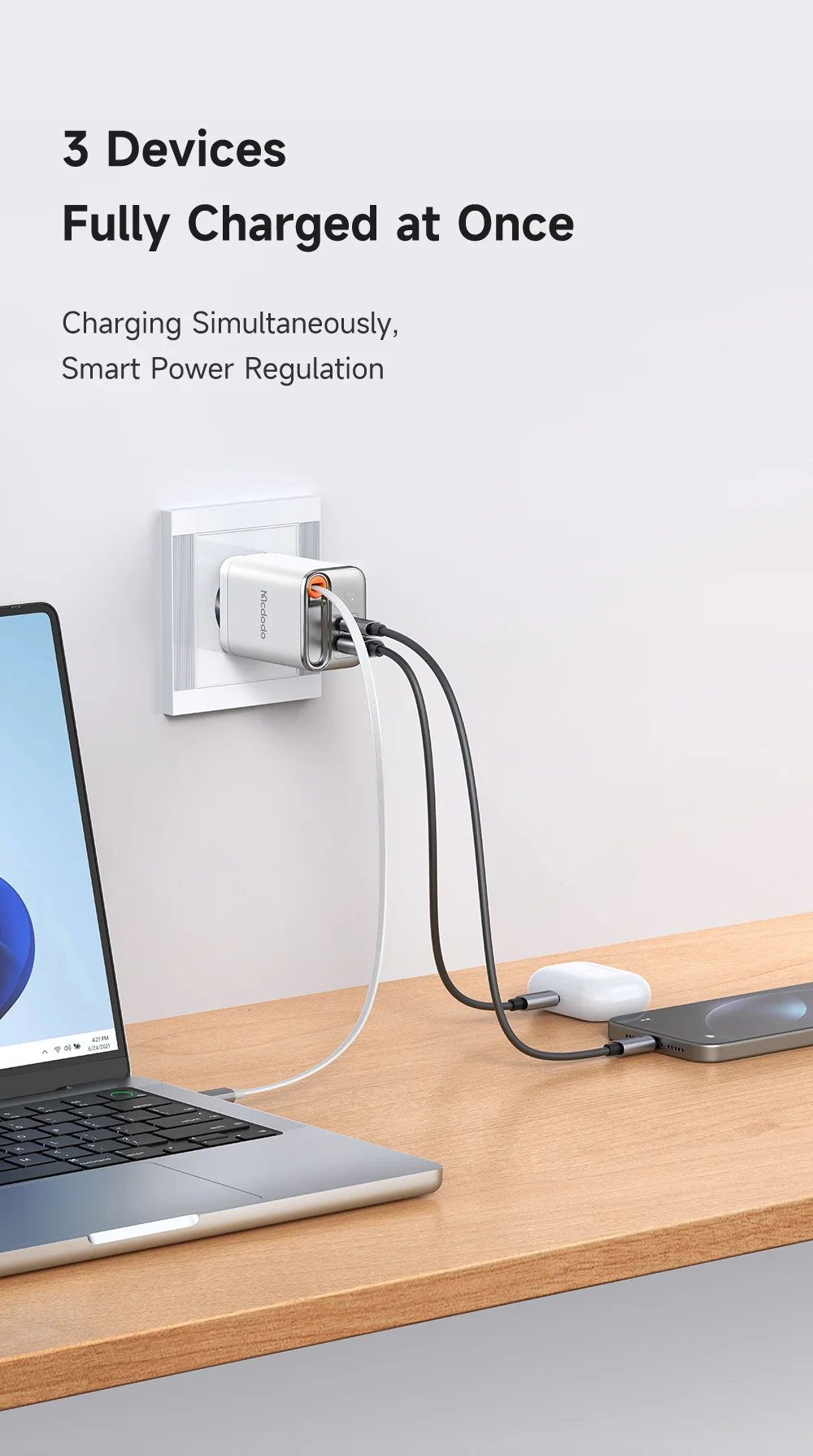 MCDODO CH-410 FreeGo 67W GaN Charger USB-C USB-A Power Adapter with Built-in Retractable Cable, EU Plug - Black 10