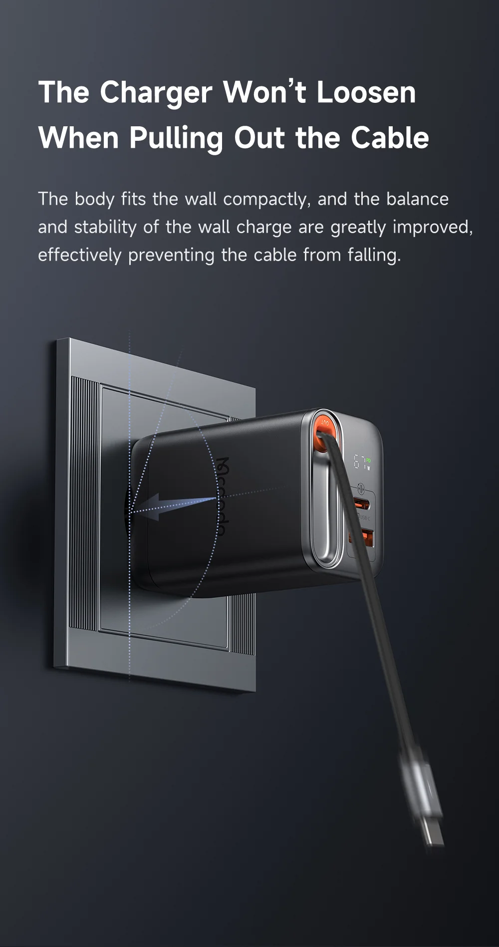 MCDODO CH-410 FreeGo 67W GaN Charger USB-C USB-A Power Adapter with Built-in Retractable Cable, EU Plug - Black 12