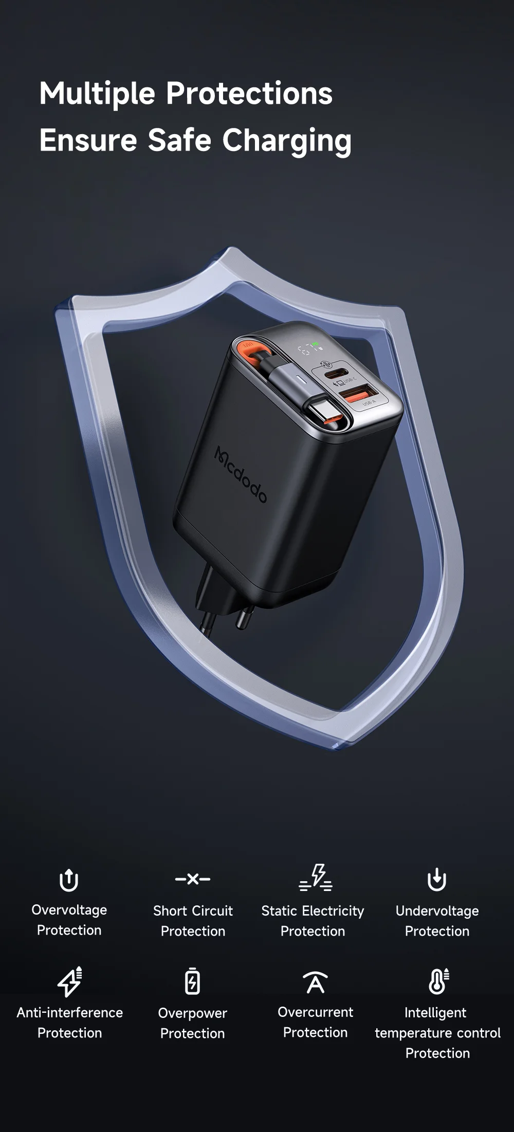 MCDODO CH-410 FreeGo 67W GaN Charger USB-C USB-A Power Adapter with Built-in Retractable Cable, EU Plug - Black 13