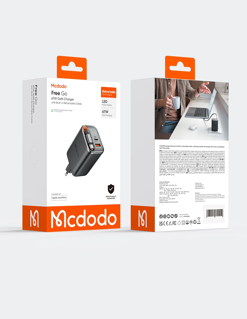 MCDODO CH-410 FreeGo 67W GaN Charger USB-C USB-A Power Adapter with Built-in Retractable Cable, EU Plug - White 17