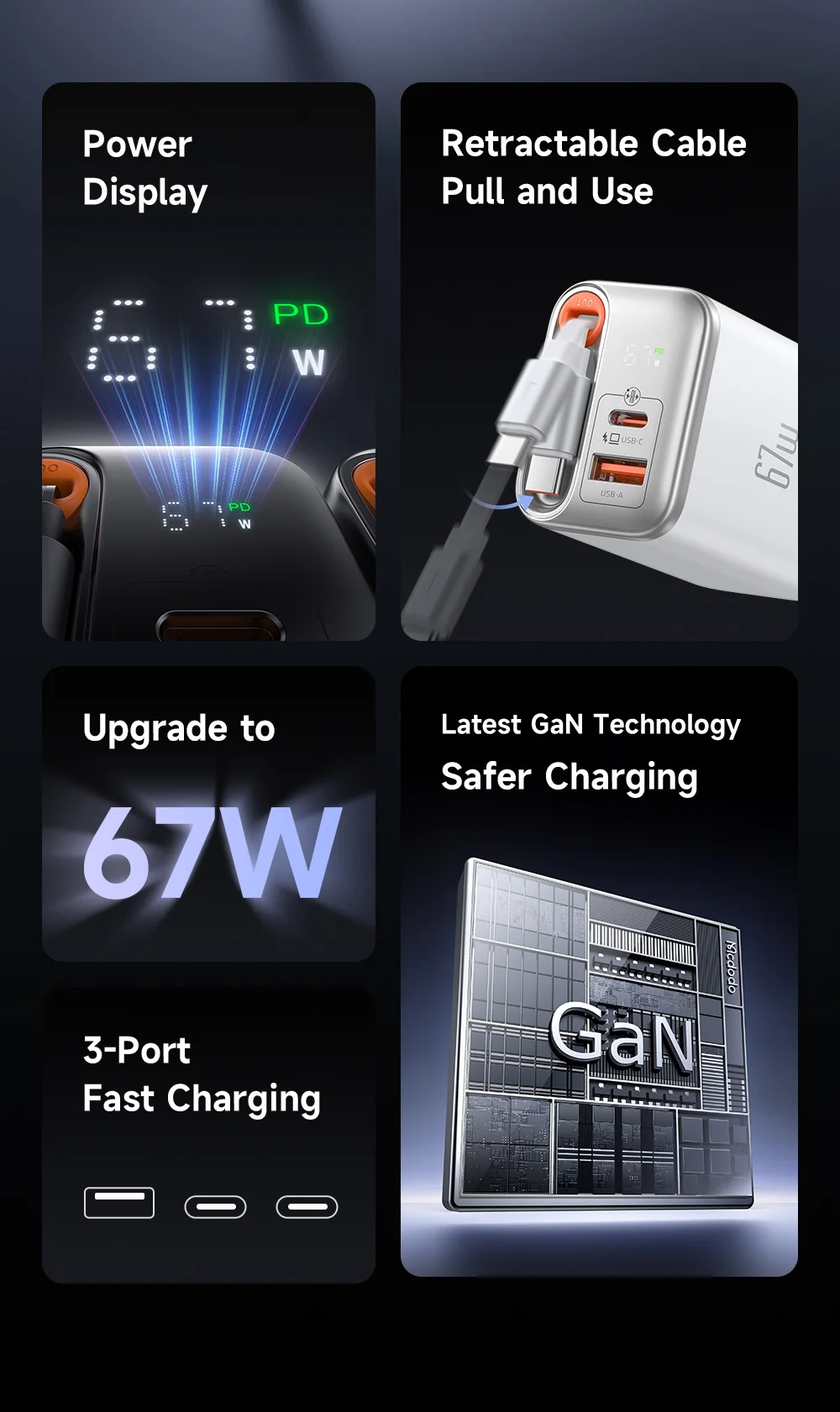 MCDODO CH-410 FreeGo 67W GaN Charger USB-C USB-A Power Adapter with Built-in Retractable Cable, EU Plug - Black 2