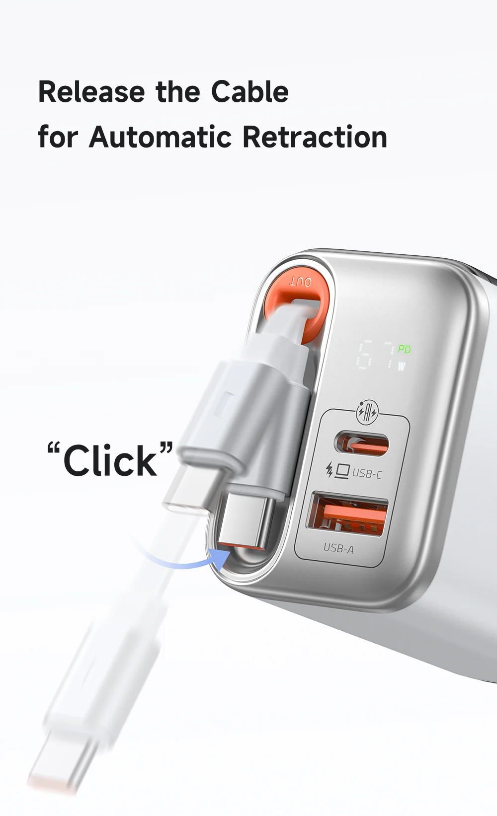 MCDODO CH-410 FreeGo 67W GaN Charger USB-C USB-A Power Adapter with Built-in Retractable Cable, EU Plug - Black 6