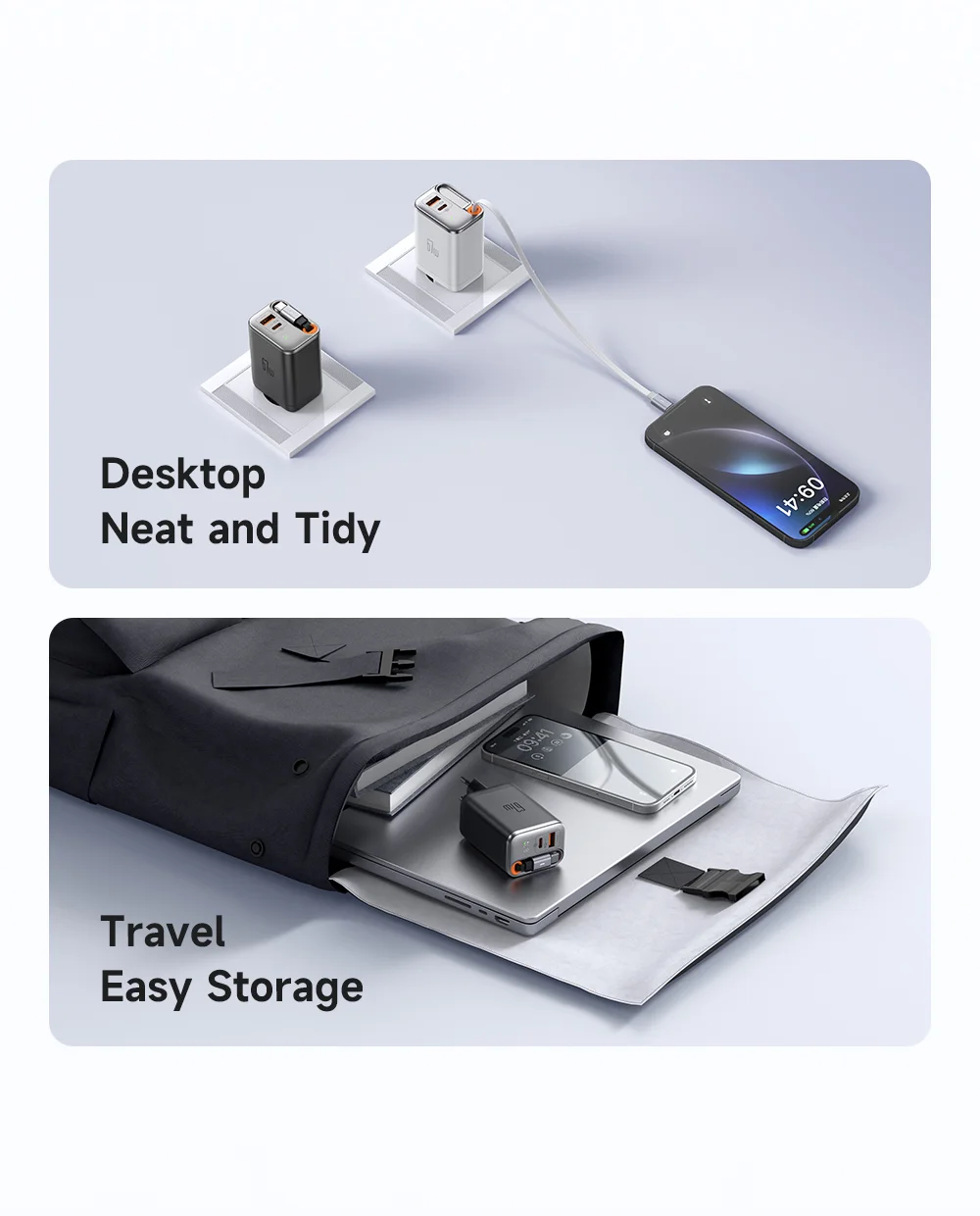 MCDODO CH-410 FreeGo 67W GaN Charger USB-C USB-A Power Adapter with Built-in Retractable Cable, EU Plug - Black 7