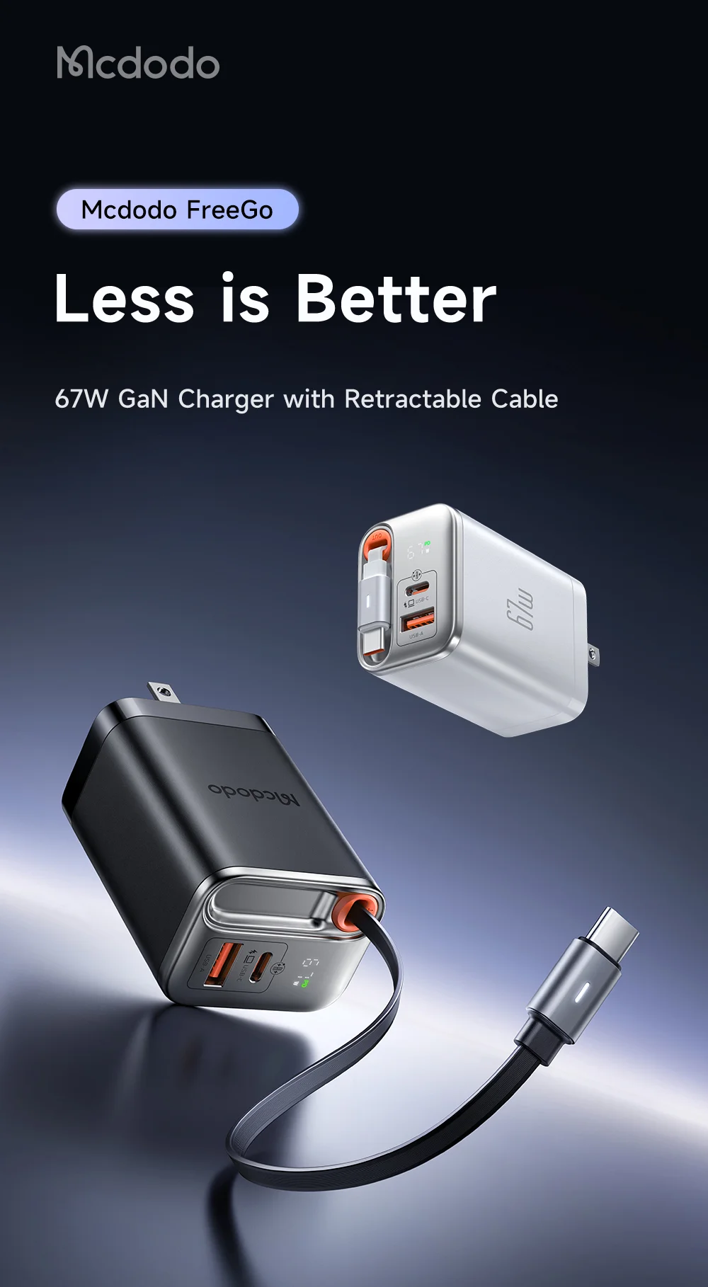 MCDODO CH-411 FreeGo 67W GaN Charger USB-C USB-A Power Adapter with Built-in Retractable Cable, US Plug - Black 1
