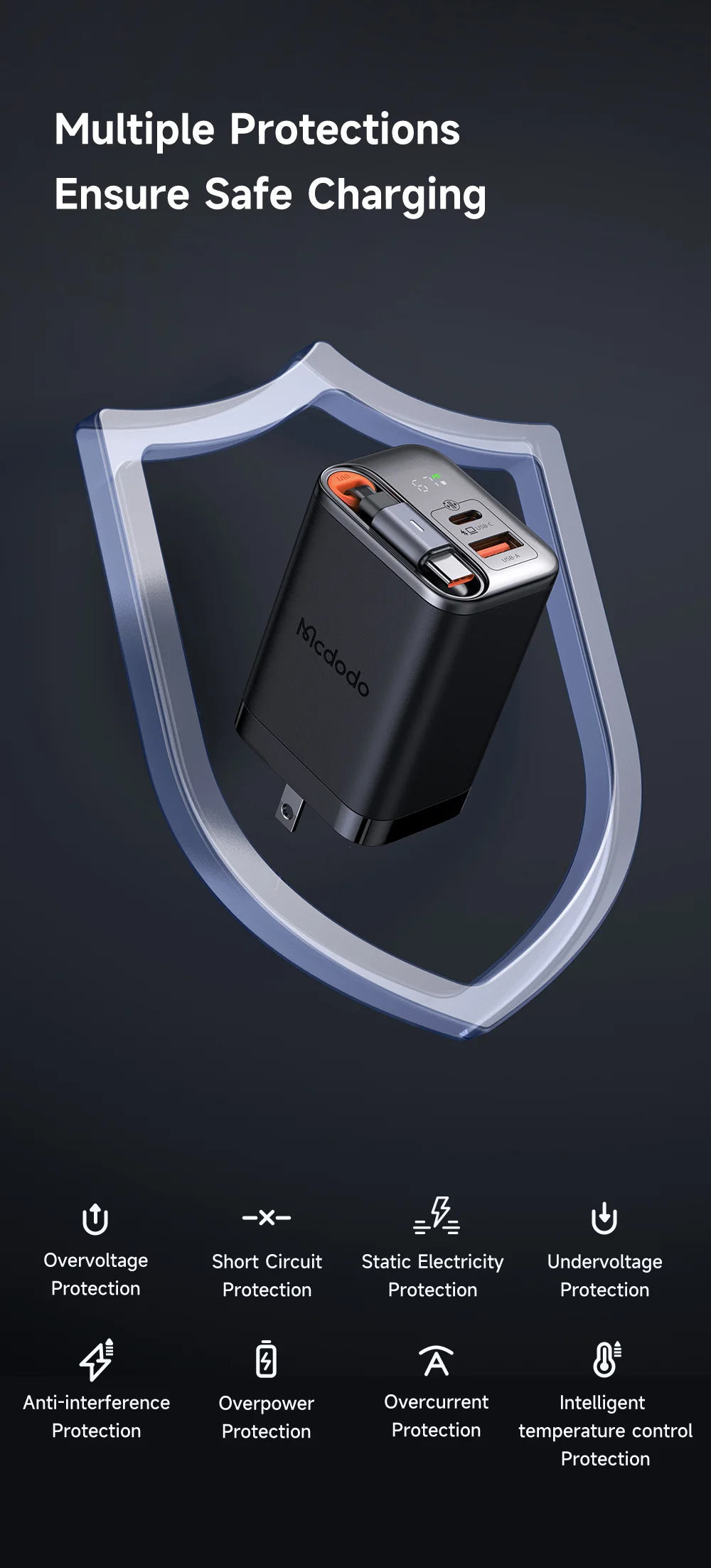 MCDODO CH-411 FreeGo 67W GaN Charger USB-C USB-A Power Adapter with Built-in Retractable Cable, US Plug - Black 13