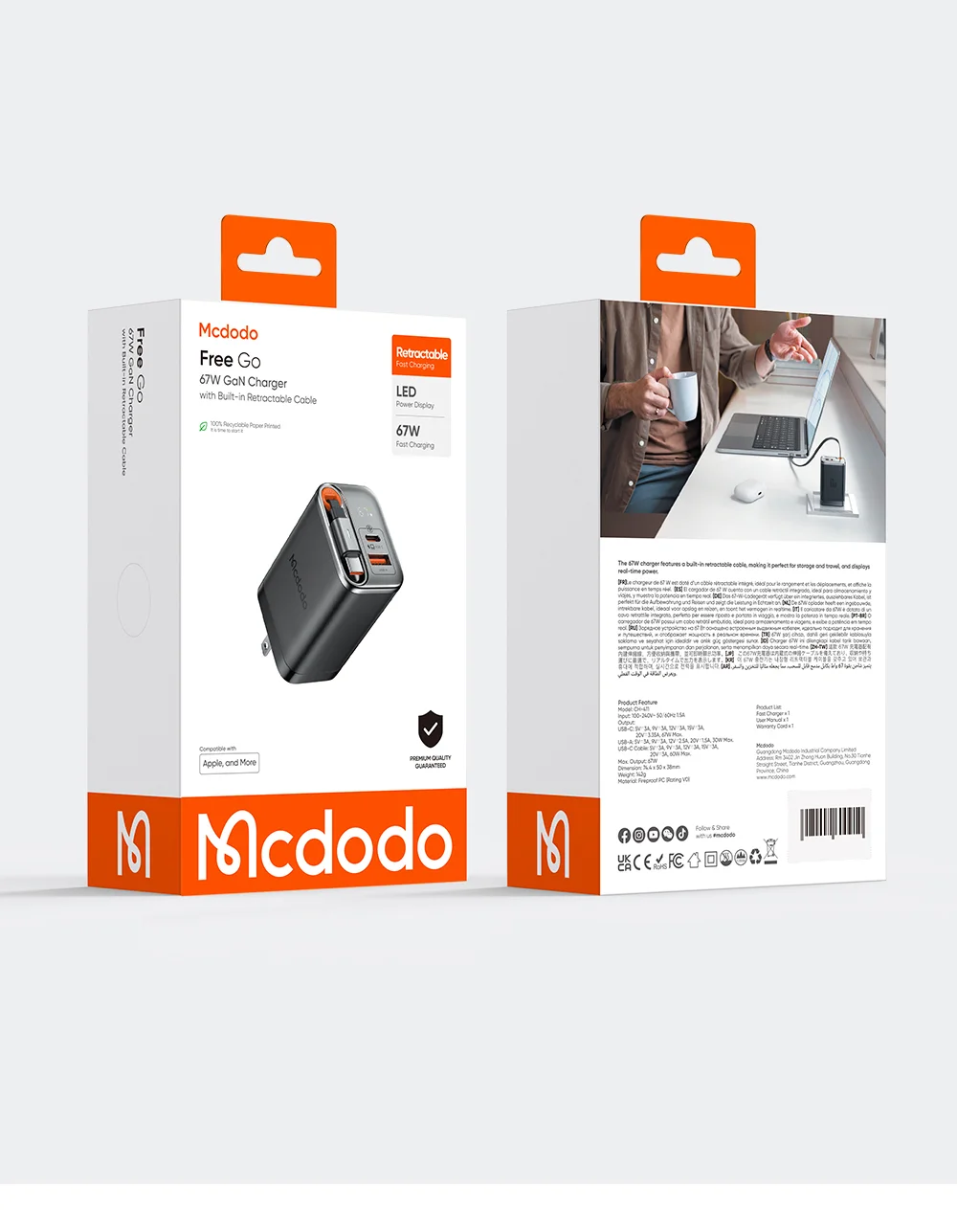 MCDODO CH-411 FreeGo 67W GaN Charger USB-C USB-A Power Adapter with Built-in Retractable Cable, US Plug - Black 17