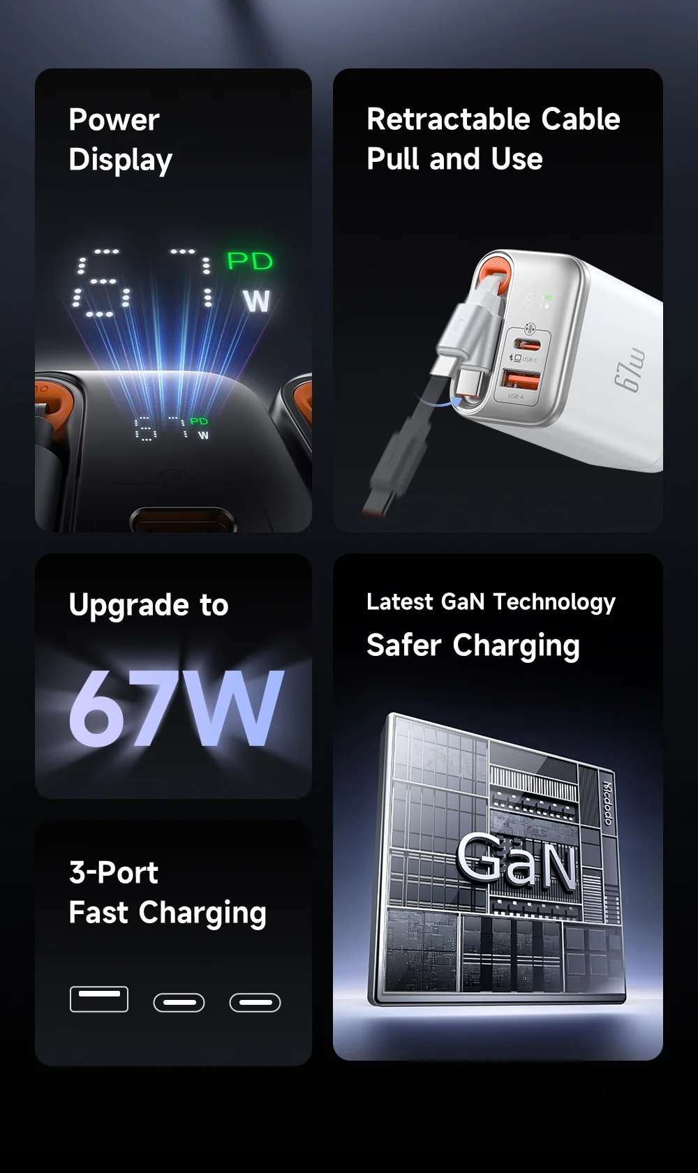 MCDODO CH-411 FreeGo 67W GaN Charger USB-C USB-A Power Adapter with Built-in Retractable Cable, US Plug - Black 2