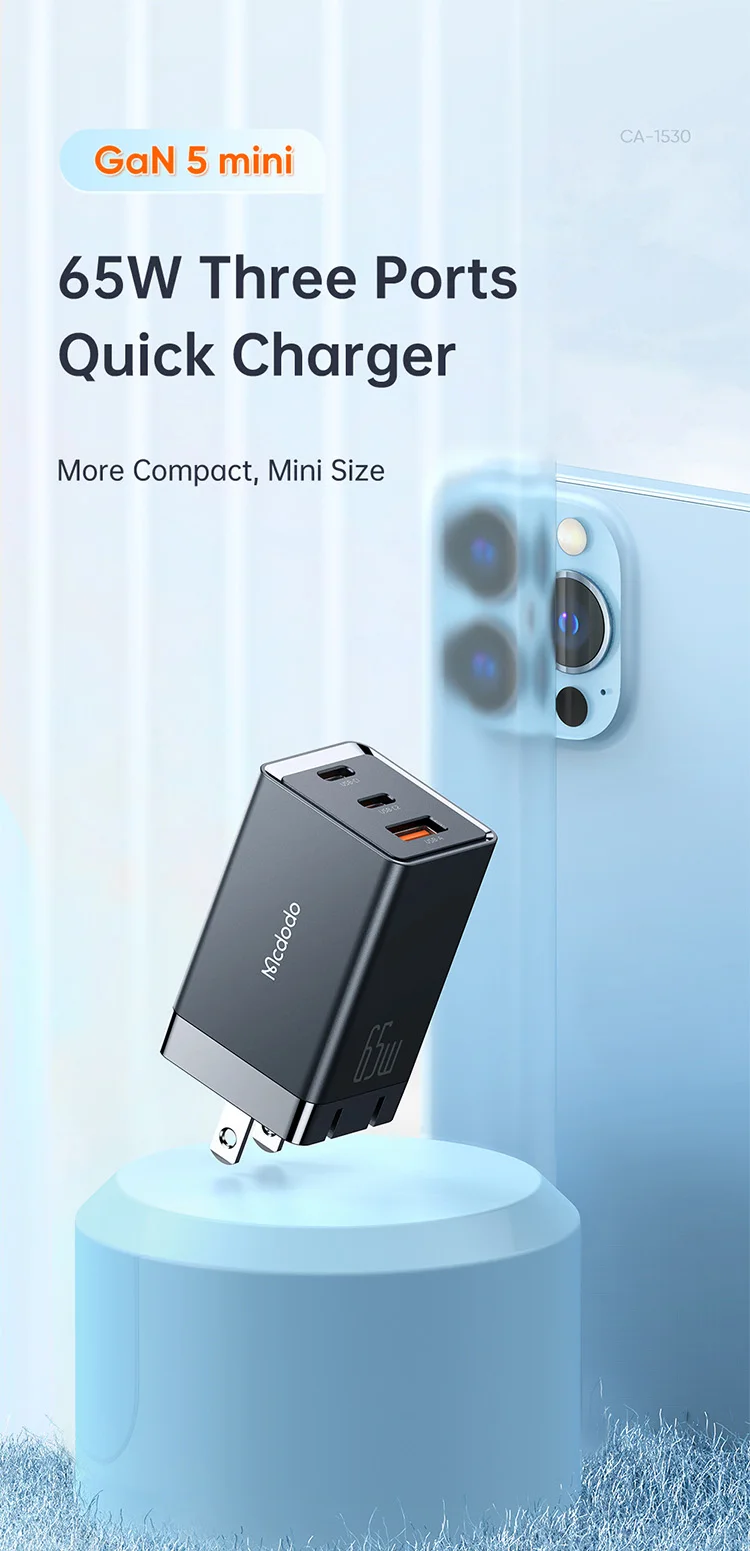 MCDODO MDD 65W GaN5 Mini Fast Charger USB + Dual Type-C Travel Power Adapter - EU Plug 1