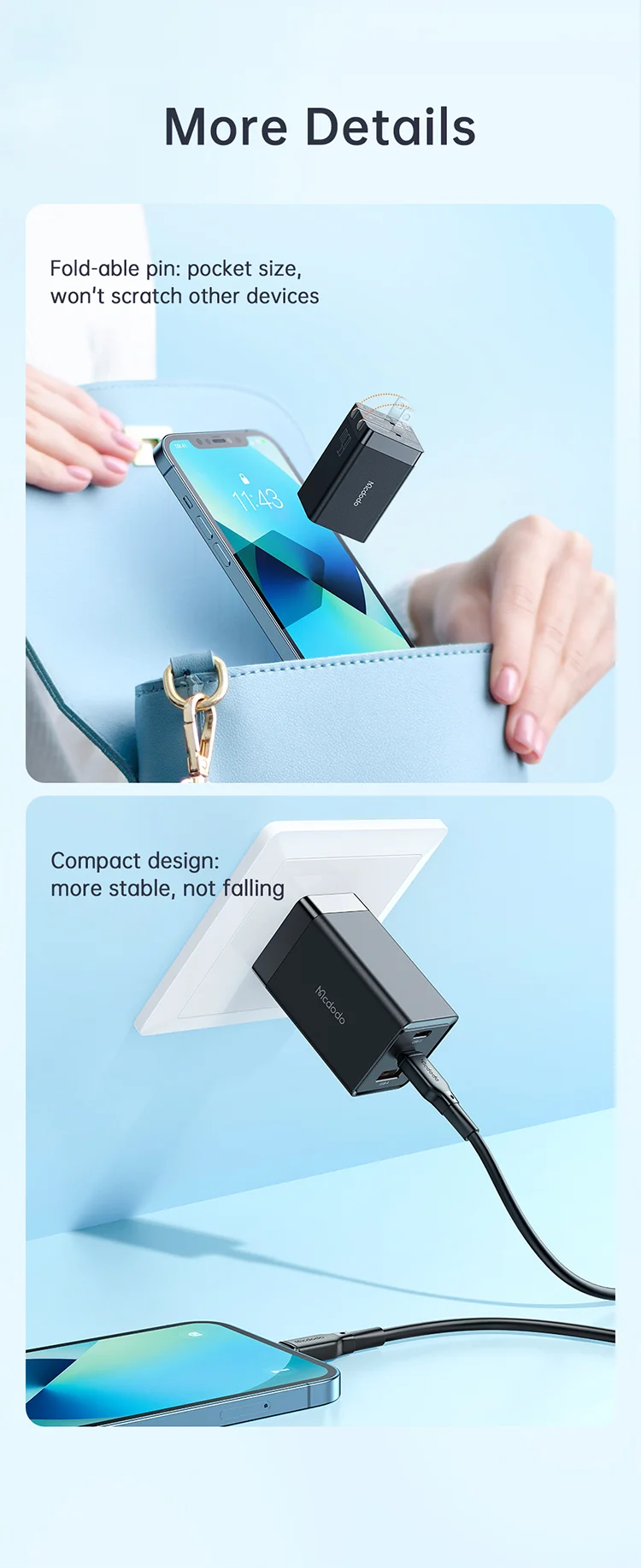 MCDODO MDD 65W GaN5 Mini Fast Charger USB + Dual Type-C Travel Power Adapter - EU Plug 12