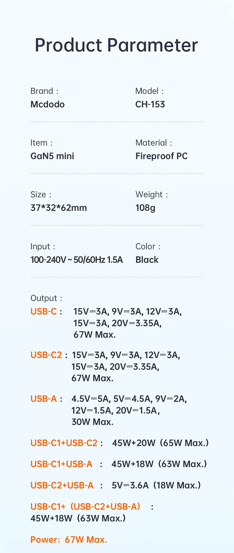 MCDODO MDD 65W GaN5 Mini Fast Charger USB + Dual Type-C Travel Power Adapter - EU Plug 15