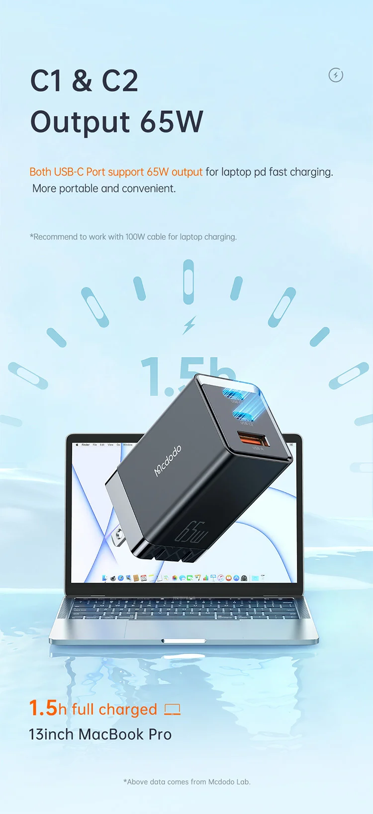 MCDODO MDD 65W GaN5 Mini Fast Charger USB + Dual Type-C Travel Power Adapter - EU Plug 5