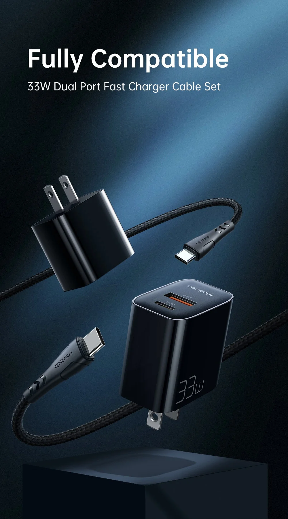 MCDODO CH-0862 MDD PD 33W USB-A+Type-C Dual-Port Charger Block Wall Charger Adapter Portable Quick Charger Set with Type-C to Type-C Cable - US Plug 1