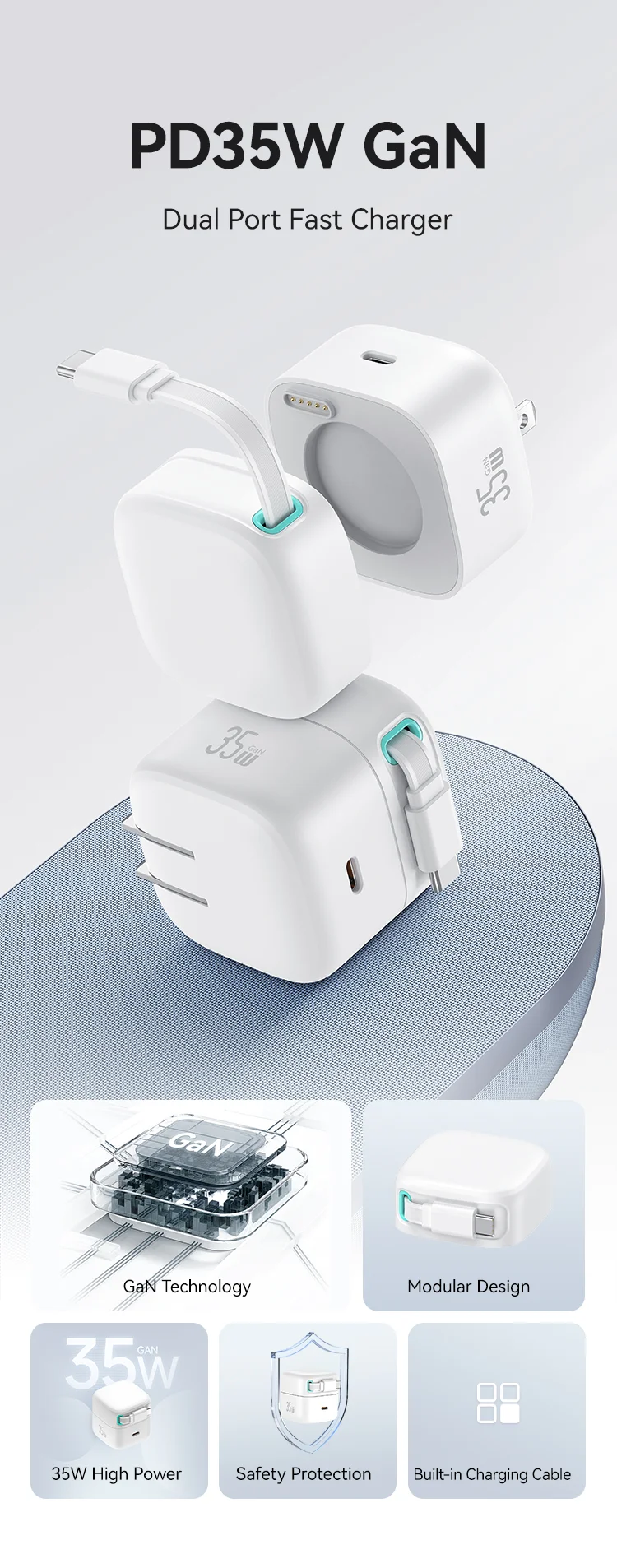 USAMS US-CC203 XMF Series PD 35W Dual Output GaN Fast Charger with Type-C Magnetic Retractable Cable Module, US Plug - White 1