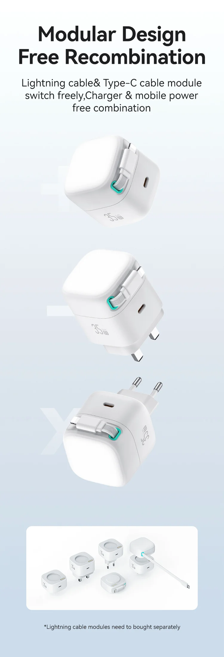 USAMS US-CC203 XMF Series PD 35W Dual Output GaN Fast Charger with Type-C Magnetic Retractable Cable Module, US Plug - White 3