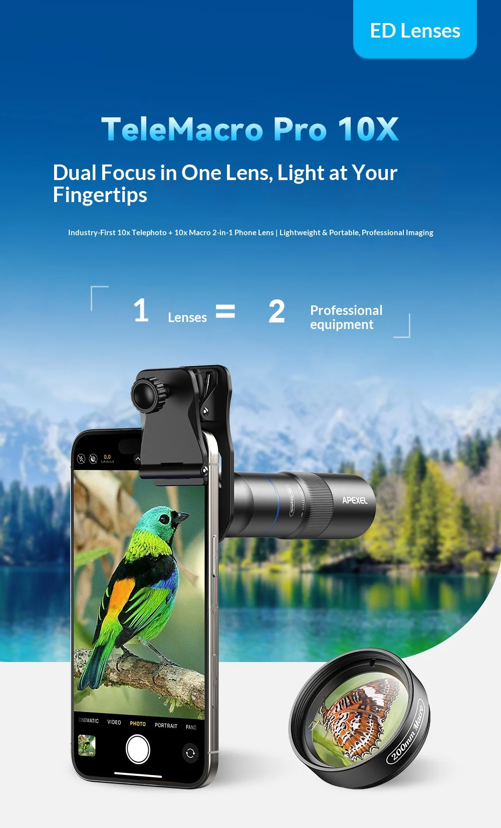 APEXEL APL-TM10 2 in 1 10X Telephoto + 10X Macro Lens Clip-on Phone Camera Lens Kit - Black 1
