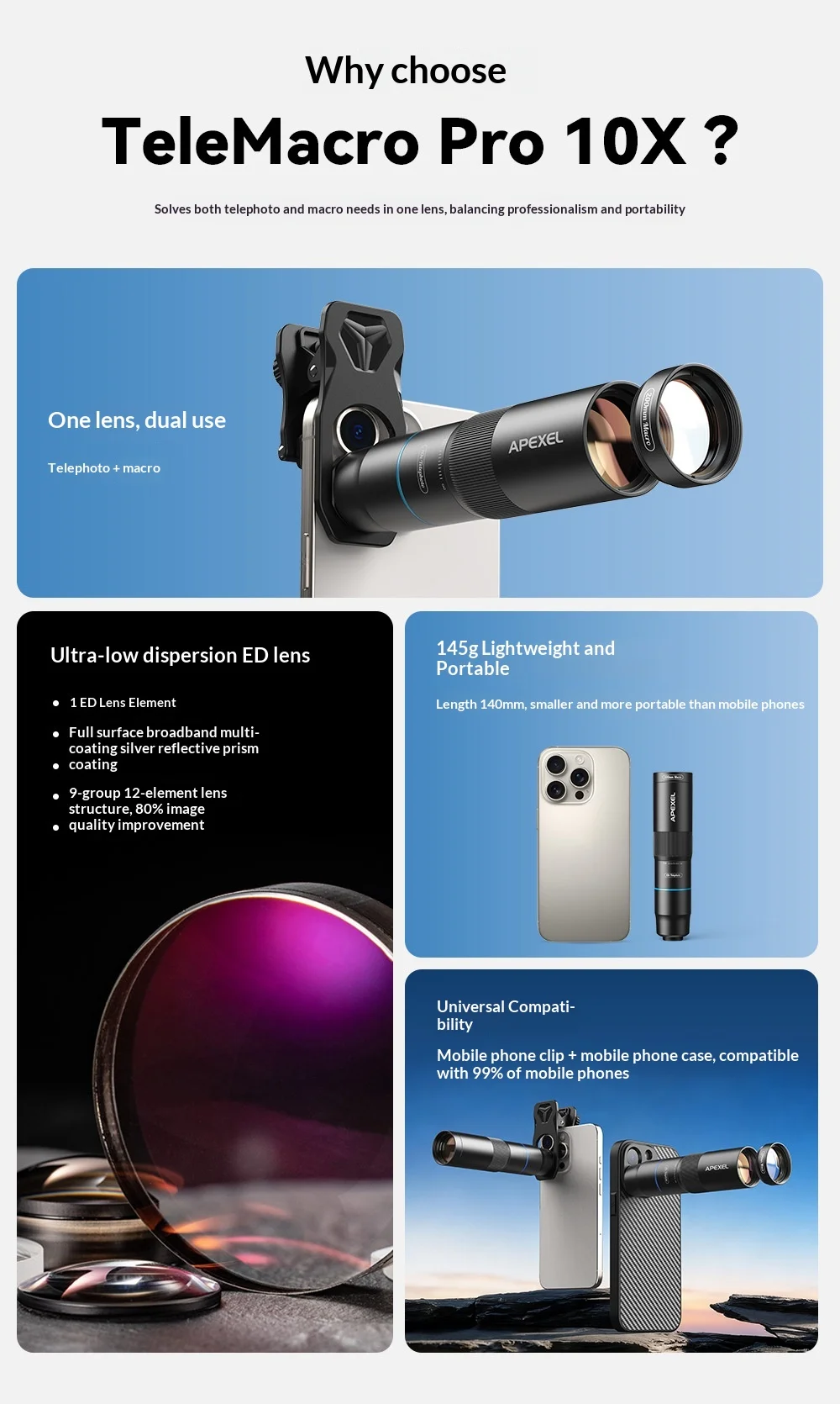 APEXEL APL-TM10 2 in 1 10X Telephoto + 10X Macro Lens Clip-on Phone Camera Lens Kit - Black 2