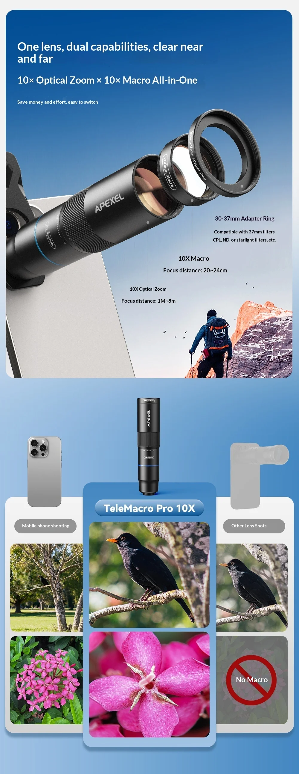 APEXEL APL-TM10 2 in 1 10X Telephoto + 10X Macro Lens Clip-on Phone Camera Lens Kit - Black 3