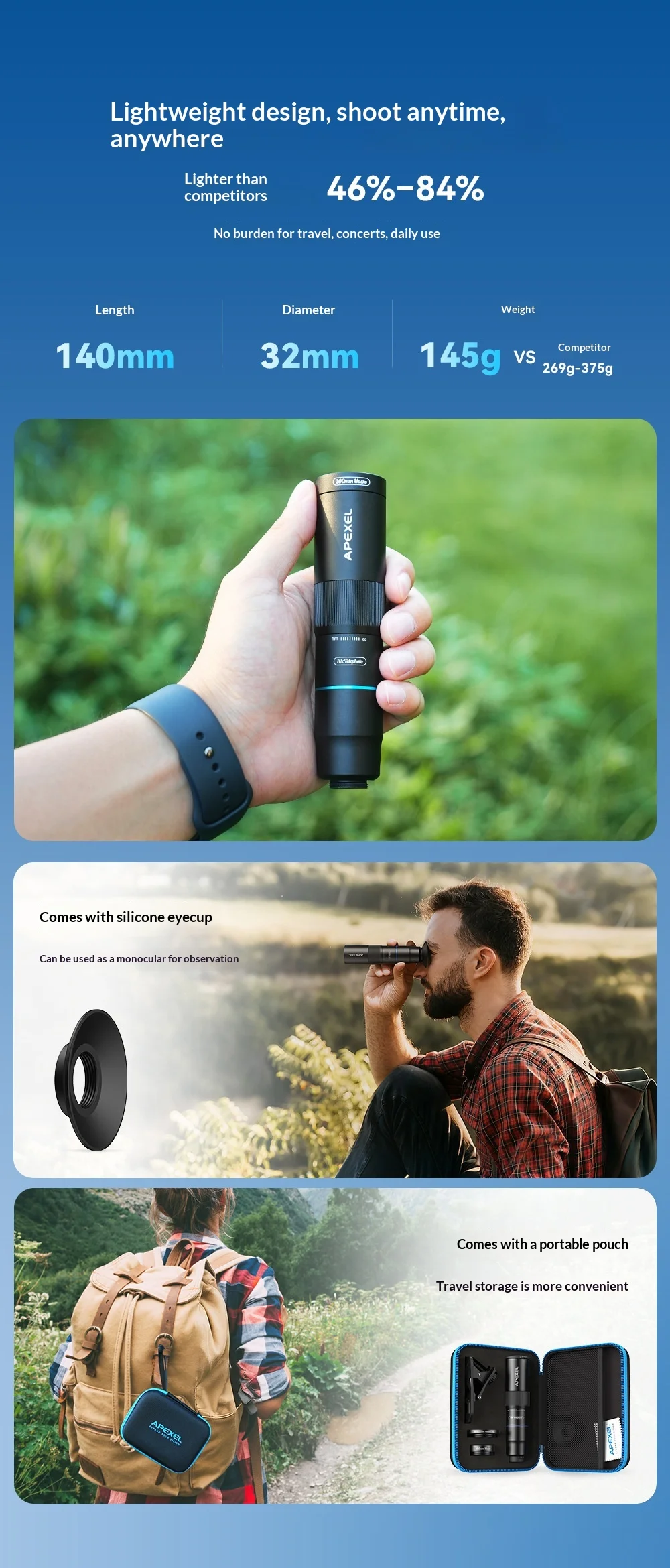 APEXEL APL-TM10 2 in 1 10X Telephoto + 10X Macro Lens Clip-on Phone Camera Lens Kit - Black 8