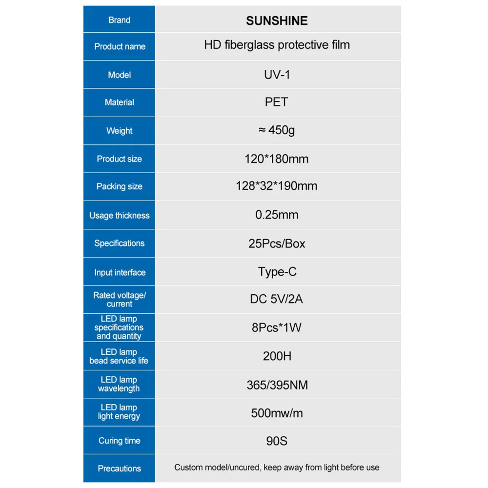 SUNSHINE UV-1 25Pcs HD Fiberglass Protective Film with Lamp Box UV Screen Protector Super Toughened Explosion Proof 10