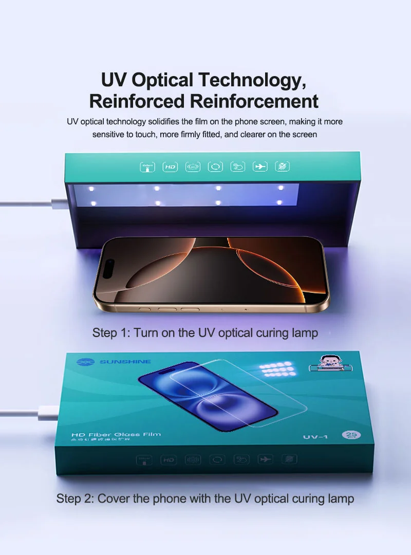 SUNSHINE UV-1 25Pcs HD Fiberglass Protective Film with Lamp Box UV Screen Protector Super Toughened Explosion Proof 5