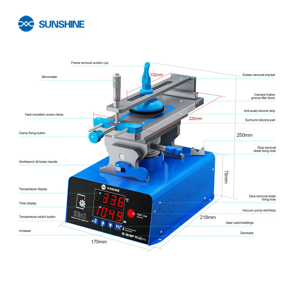 SUNSHINE S-918F Plus V2.0 5-in-1 LCD Screen Separator Curved Flat Screen Heating Glue Removal Repair Tool - EU Plug 10