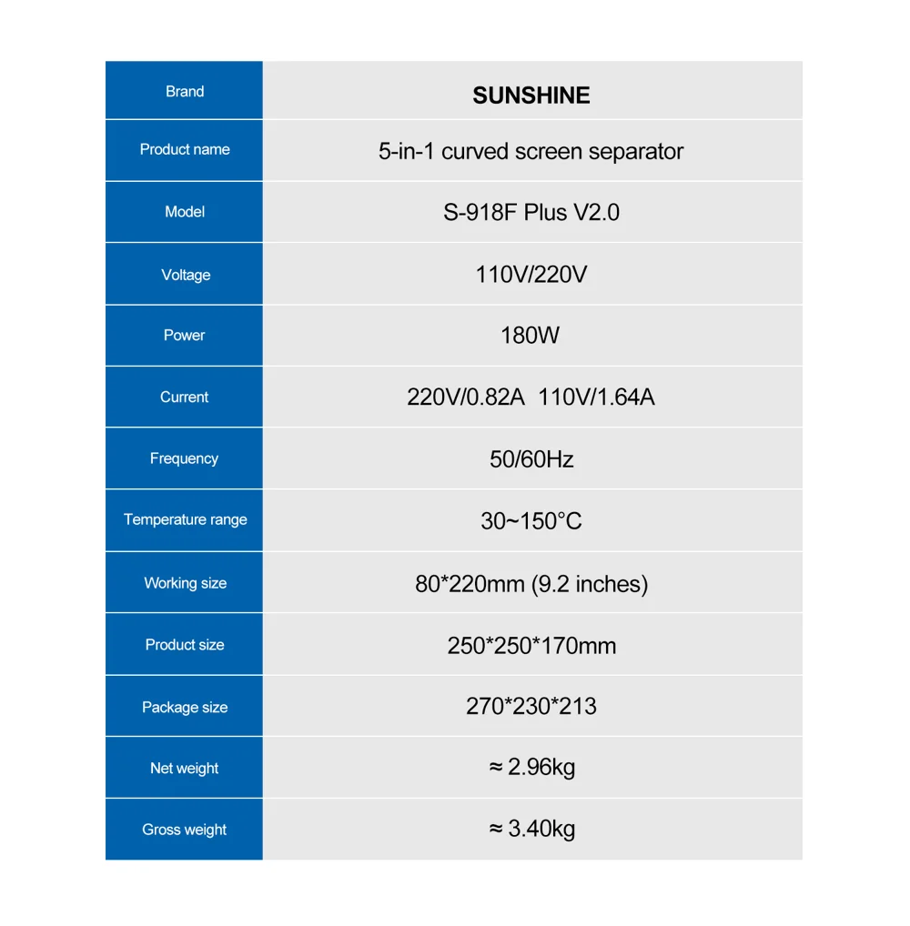 SUNSHINE S-918F Plus V2.0 5-in-1 LCD Screen Separator Curved Flat Screen Heating Glue Removal Repair Tool - EU Plug 12