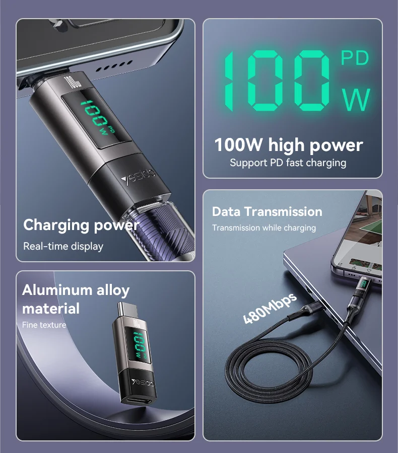 YESIDO GS24 CTOC 100W Fast Charging USB-C Extender Adapter Type-C Male to Female Converter 2