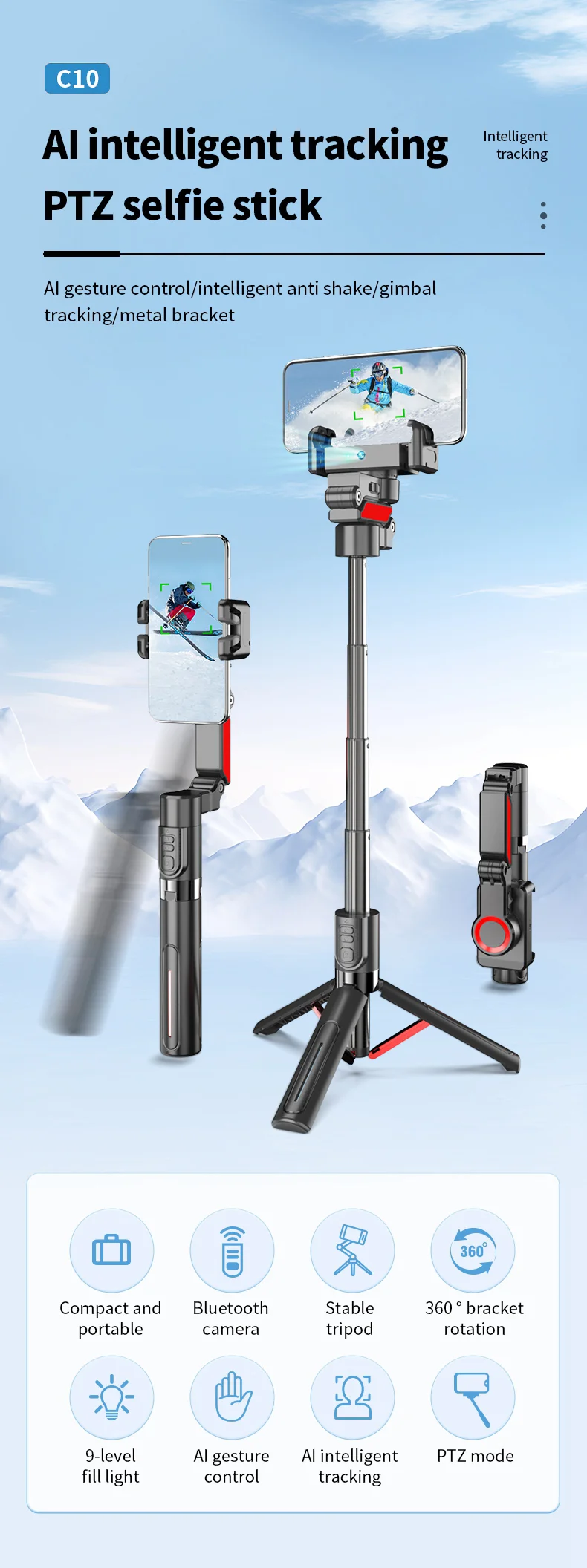 C10 Handheld Phone Stabilizer Gimbal AI Face Tracking Vlog Live Streaming Selfie Stick with 2 Fill Lights - Dark Grey 1