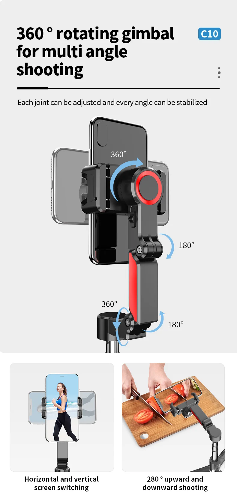 C10 Handheld Phone Stabilizer Gimbal AI Face Tracking Vlog Live Streaming Selfie Stick with 2 Fill Lights - Dark Grey 12
