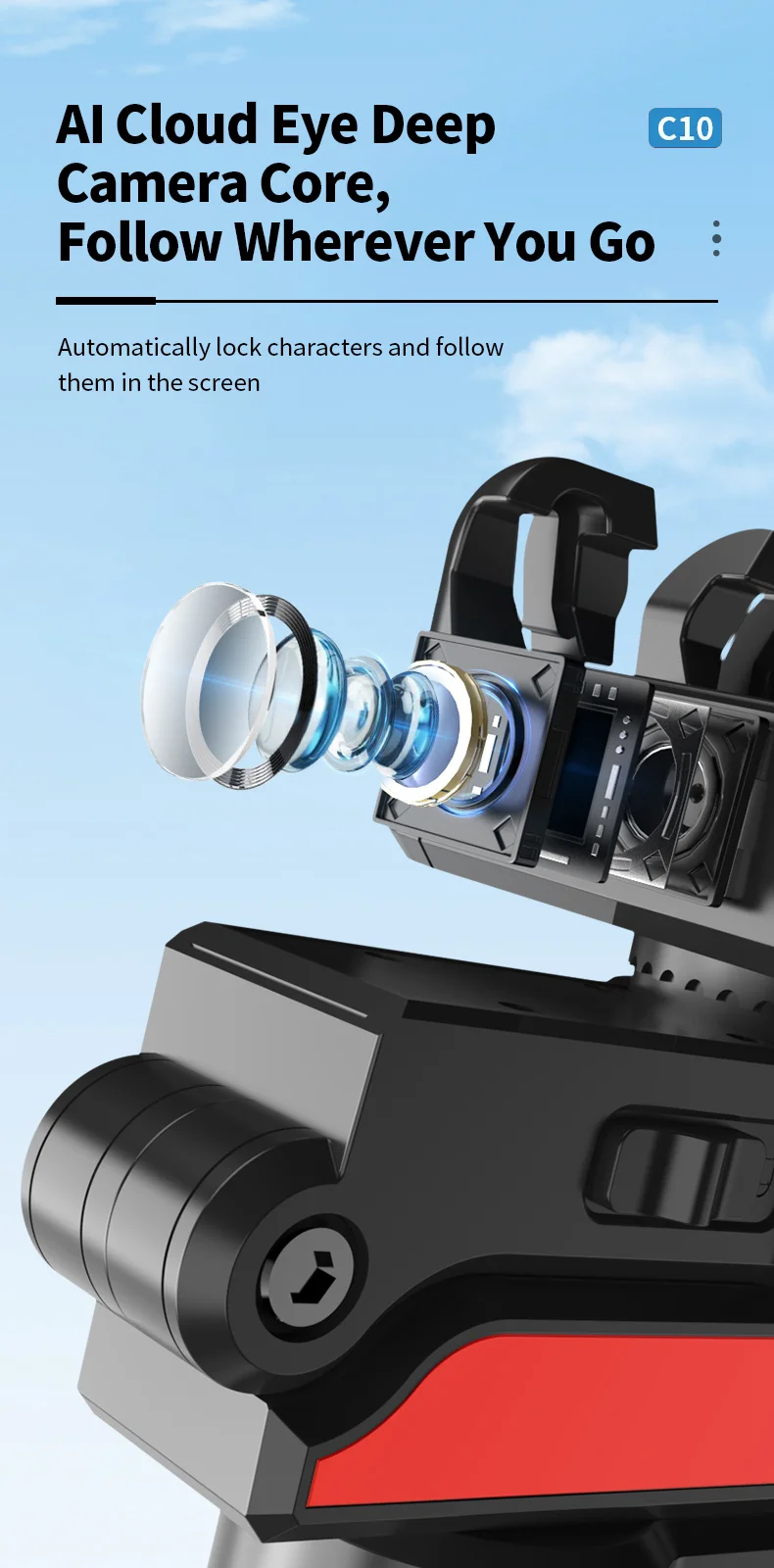 C10 Handheld Phone Stabilizer Gimbal AI Face Tracking Vlog Live Streaming Selfie Stick with 2 Fill Lights - Dark Grey 2