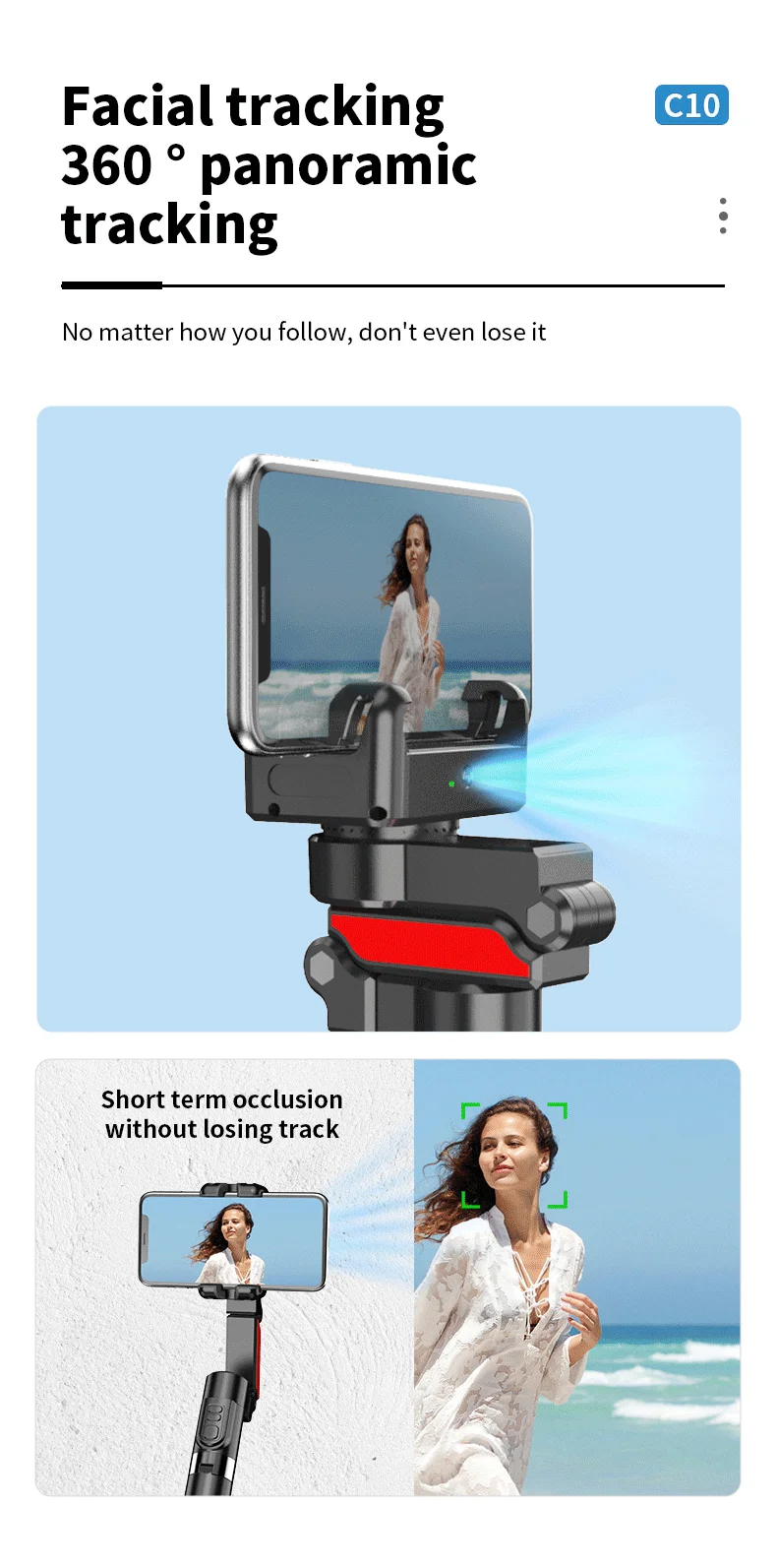 C10 Handheld Phone Stabilizer Gimbal AI Face Tracking Vlog Live Streaming Selfie Stick with 2 Fill Lights - Dark Grey 3