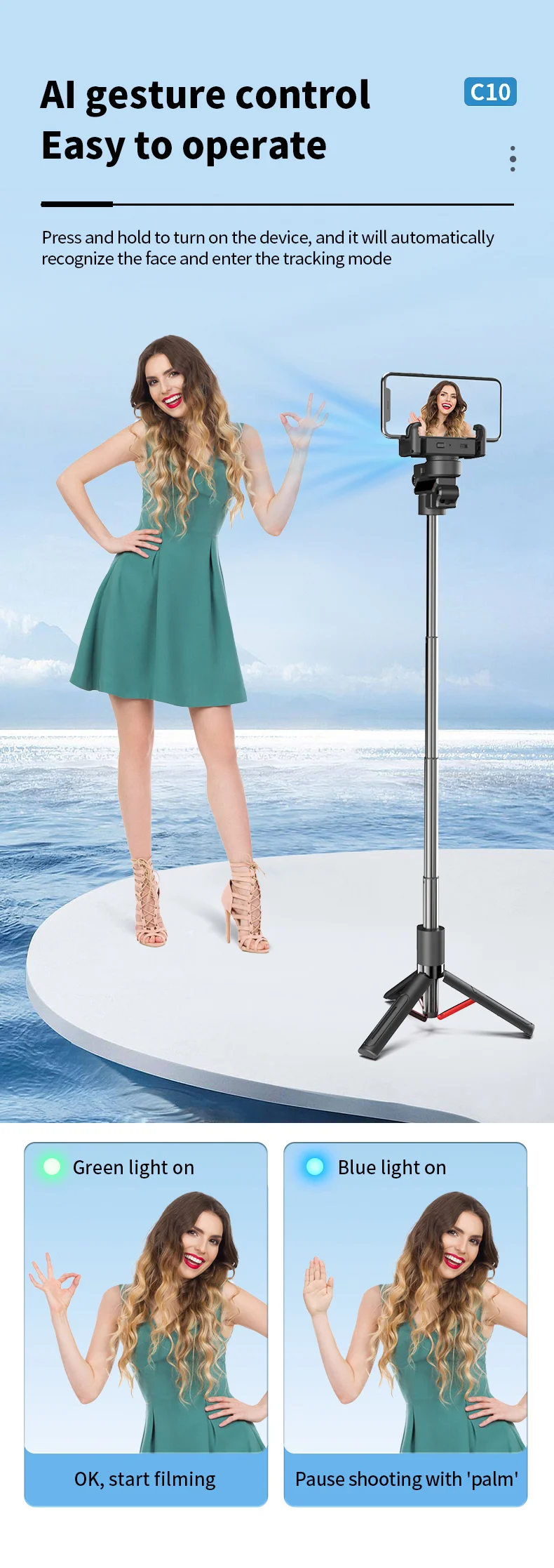 C10 Handheld Phone Stabilizer Gimbal AI Face Tracking Vlog Live Streaming Selfie Stick with 2 Fill Lights - Dark Grey 6