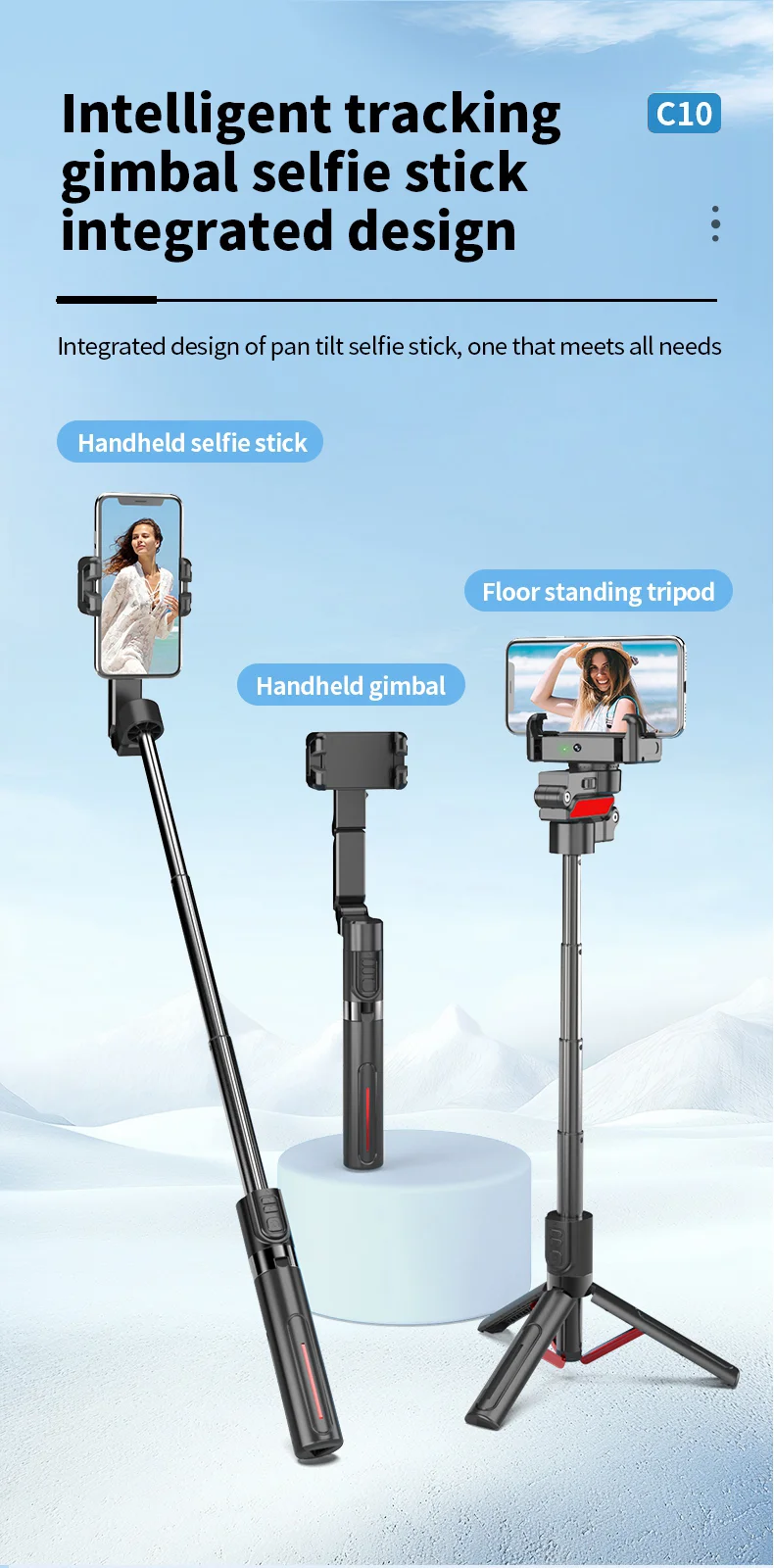 C10 Handheld Phone Stabilizer Gimbal AI Face Tracking Vlog Live Streaming Selfie Stick with 2 Fill Lights - Dark Grey 7