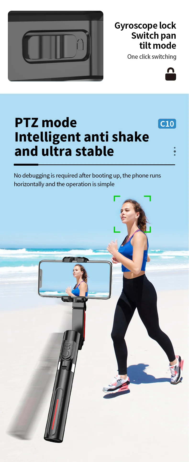 C10 Handheld Phone Stabilizer Gimbal AI Face Tracking Vlog Live Streaming Selfie Stick with 2 Fill Lights - Dark Grey 8