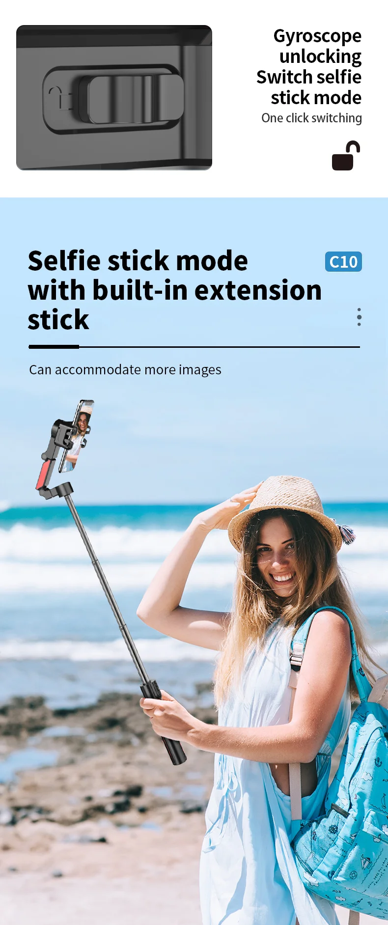 C10 Handheld Phone Stabilizer Gimbal AI Face Tracking Vlog Live Streaming Selfie Stick with 2 Fill Lights - Dark Grey 9