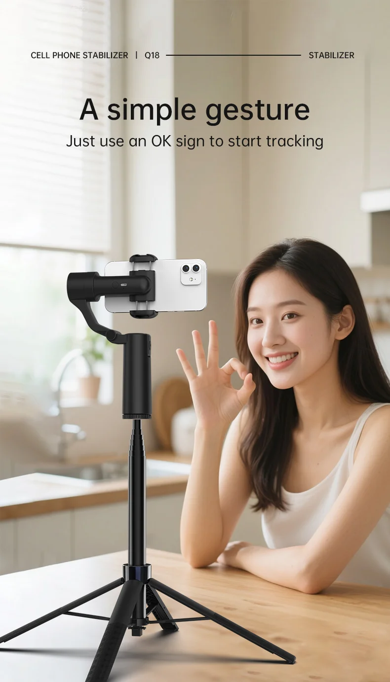 Q18 AI Smart Face Tracking Phone Stabilizer Gimbal Dual Axis Anti-Shake Selfie Stick with Tripod for Live Streaming 10