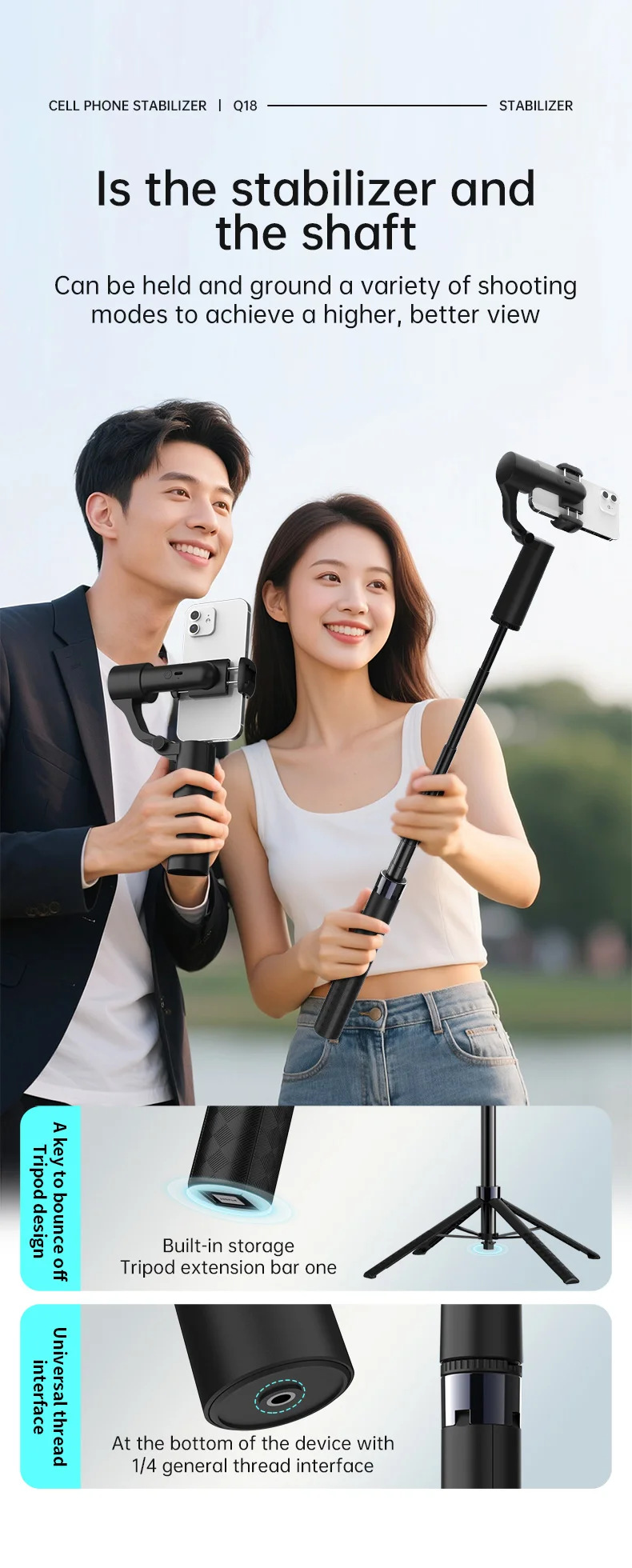 Q18 AI Smart Face Tracking Phone Stabilizer Gimbal Dual Axis Anti-Shake Selfie Stick with Tripod for Live Streaming 14