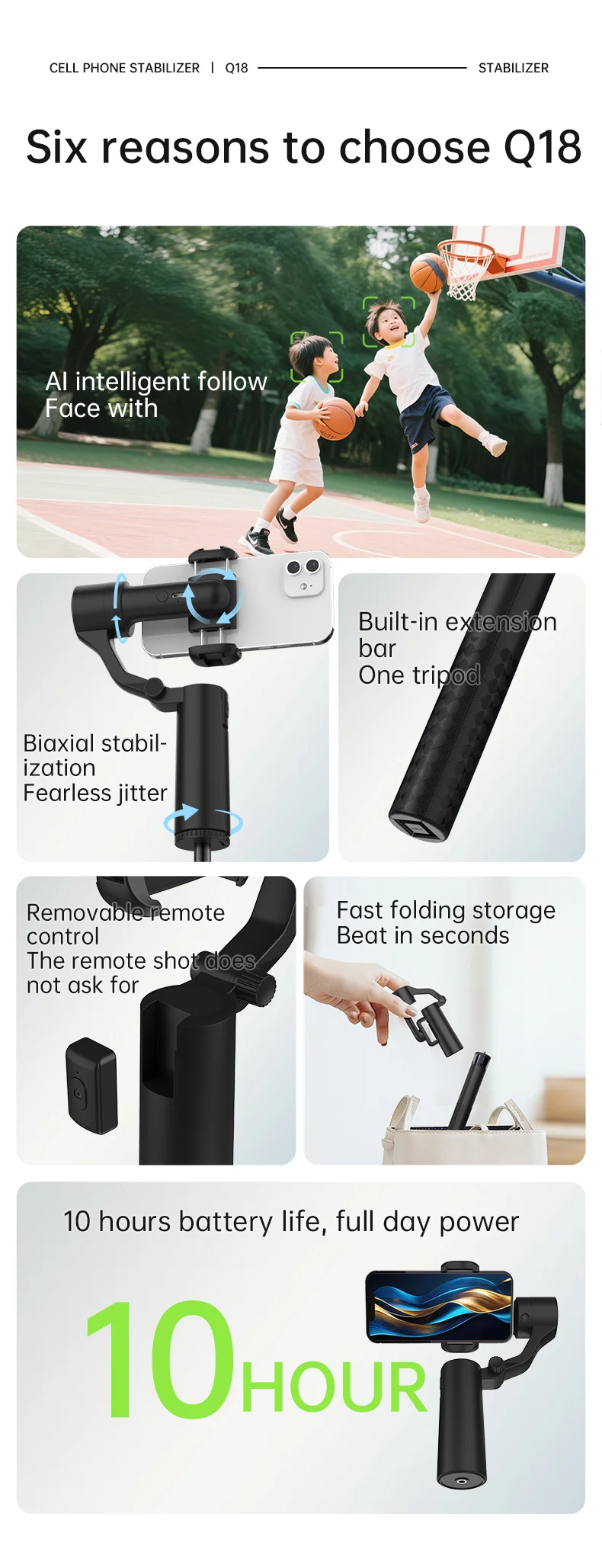 Q18 AI Smart Face Tracking Phone Stabilizer Gimbal Dual Axis Anti-Shake Selfie Stick with Tripod for Live Streaming 2