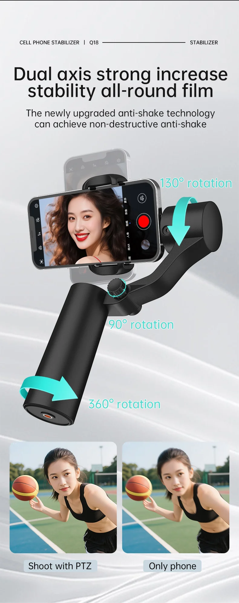 Q18 AI Smart Face Tracking Phone Stabilizer Gimbal Dual Axis Anti-Shake Selfie Stick with Tripod for Live Streaming 8