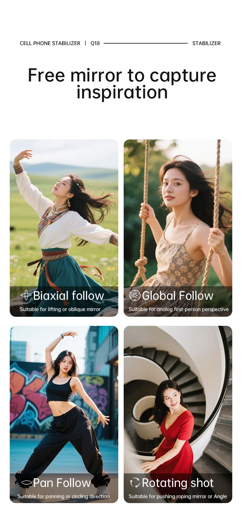 Q18 AI Smart Face Tracking Phone Stabilizer Gimbal Dual Axis Anti-Shake Selfie Stick with Tripod for Live Streaming 9