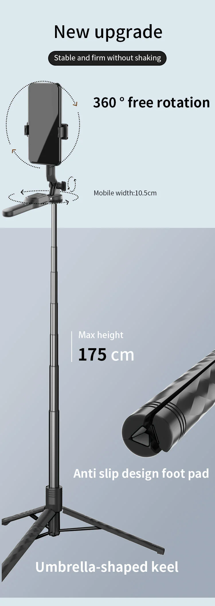 JMARY KT-239 1.75m Telescopic Selfie Stick Tripod Stand Cell Phone Clip Rotation Design Camera Mount Holder 9