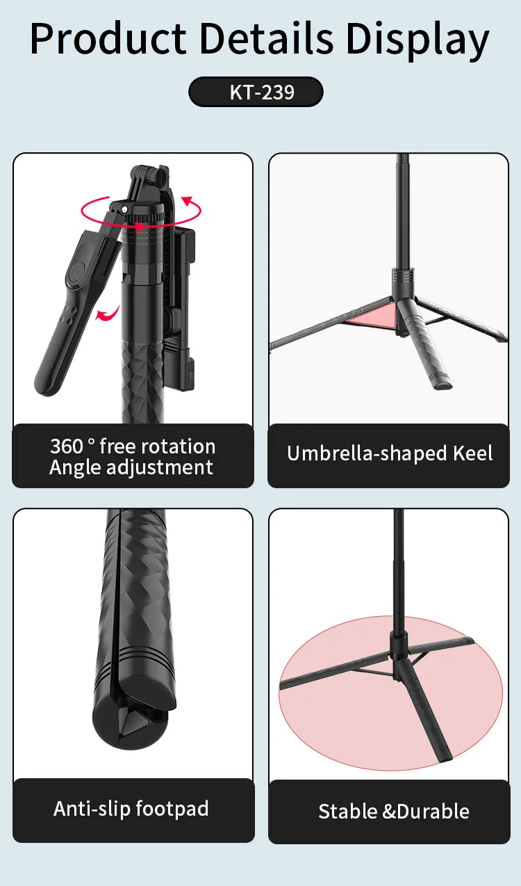 JMARY KT-239 1.75m Telescopic Selfie Stick Tripod Stand Cell Phone Clip Rotation Design Camera Mount Holder 11
